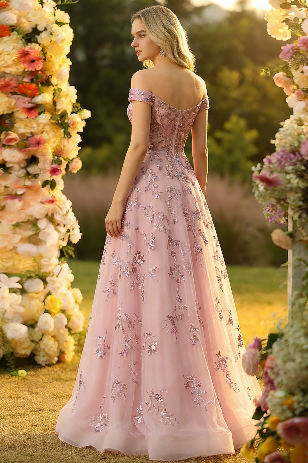 Sparkly Floral Blush Tulle Off the Shoulder Long Corset Prom Dress