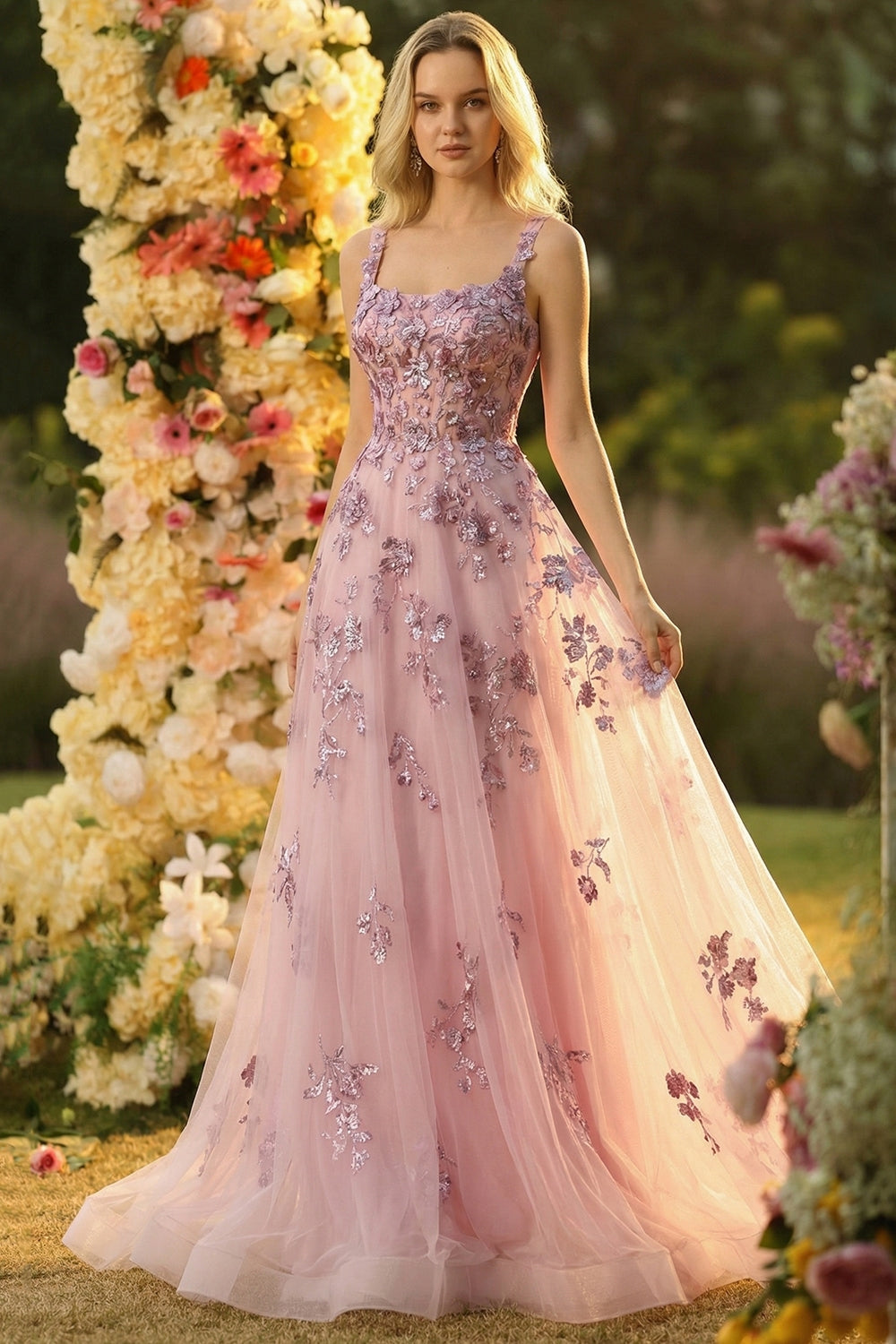 Sparkly Floral Tulle Blush Thick Straps A Line Long Corset Prom Dress