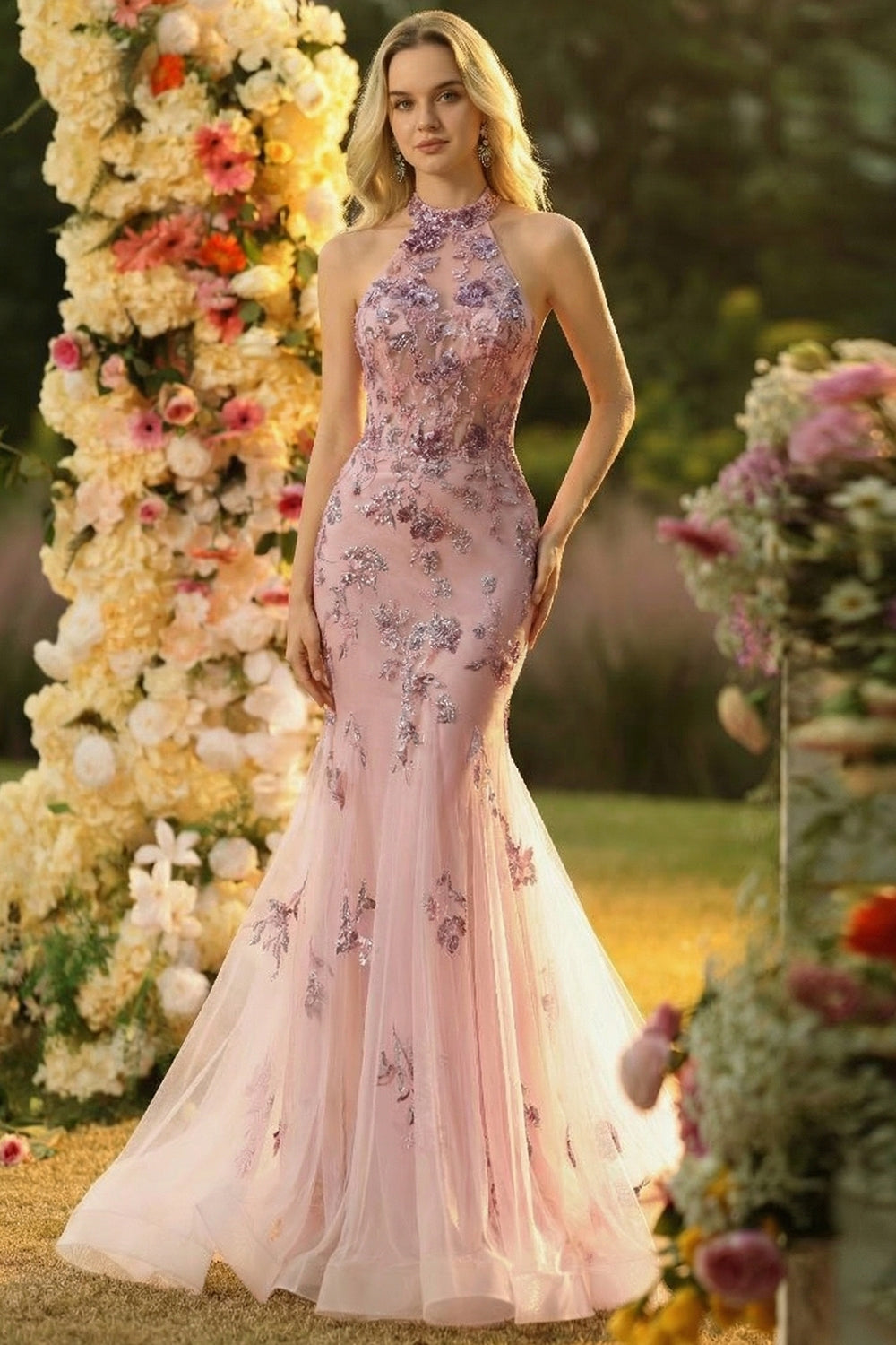 Sparkly Floral Blush Tulle Mermaid Halter Neck Long Prom Dress