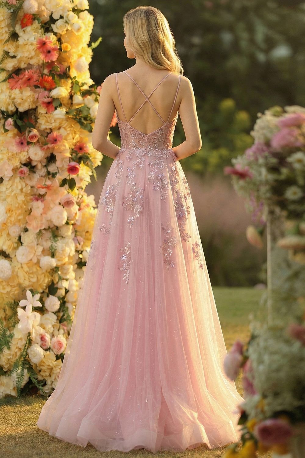 Sparkly Blush Tulle  Floral Spaghetti Straps A LineLong Prom Dress