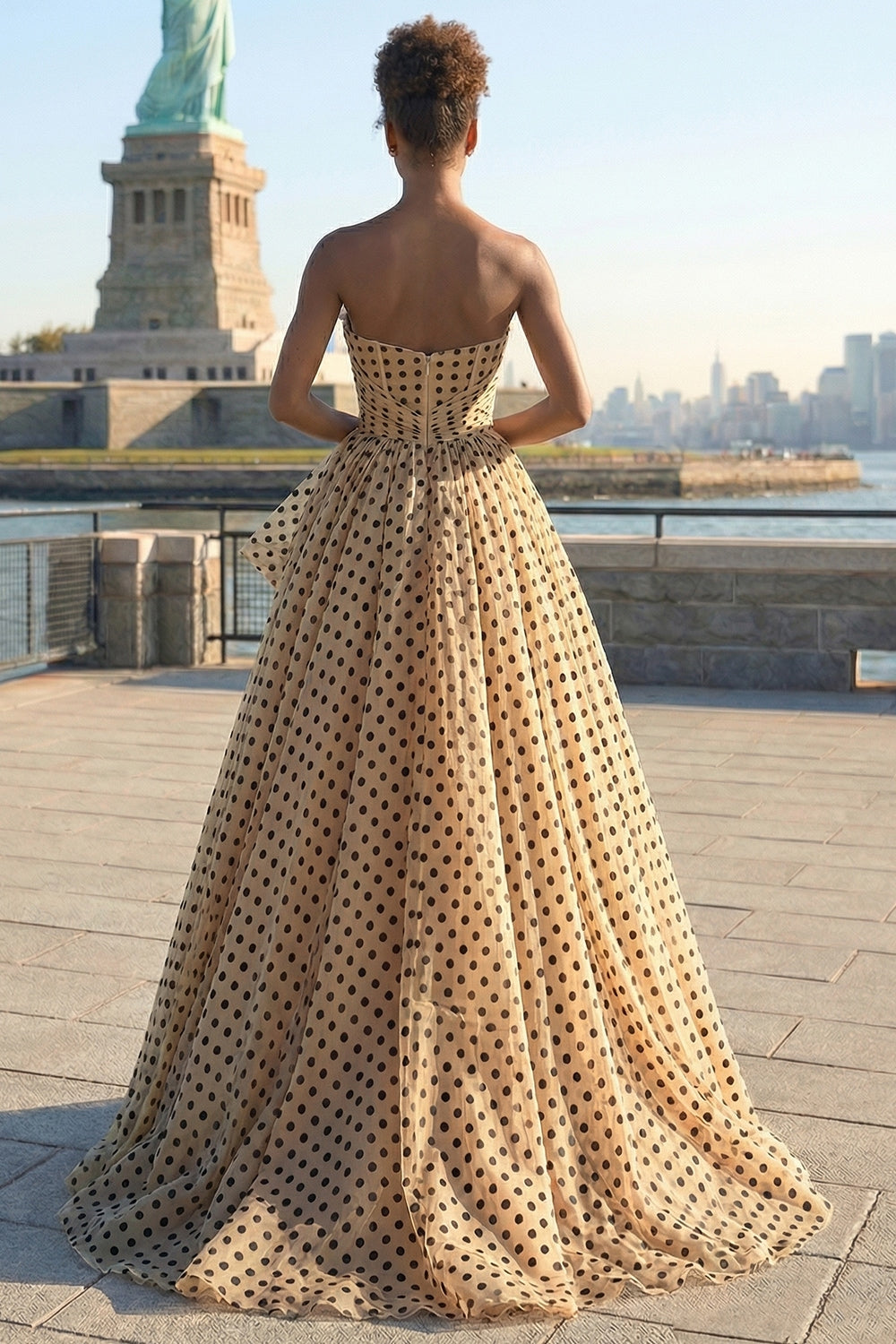 Black and Apricot A Line Polka Dots Strapless Ruffled Long Prom Dress