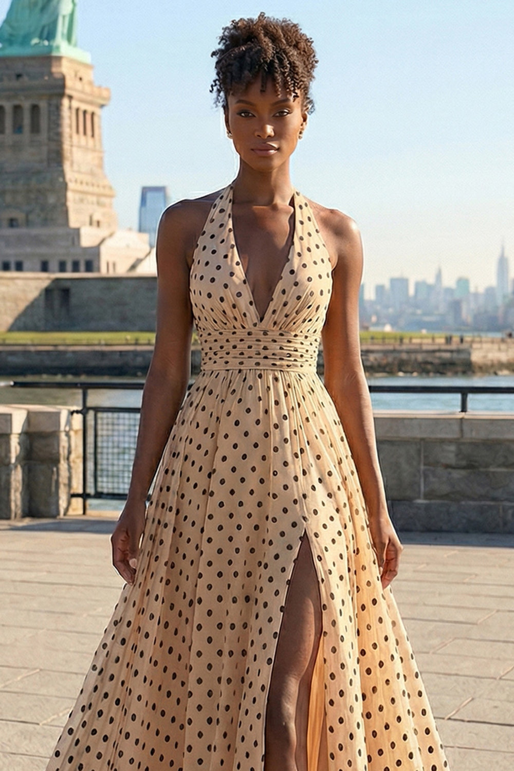 Black and Apricot Polka Dots Halter Neck A Line Long Prom Dress with Slit