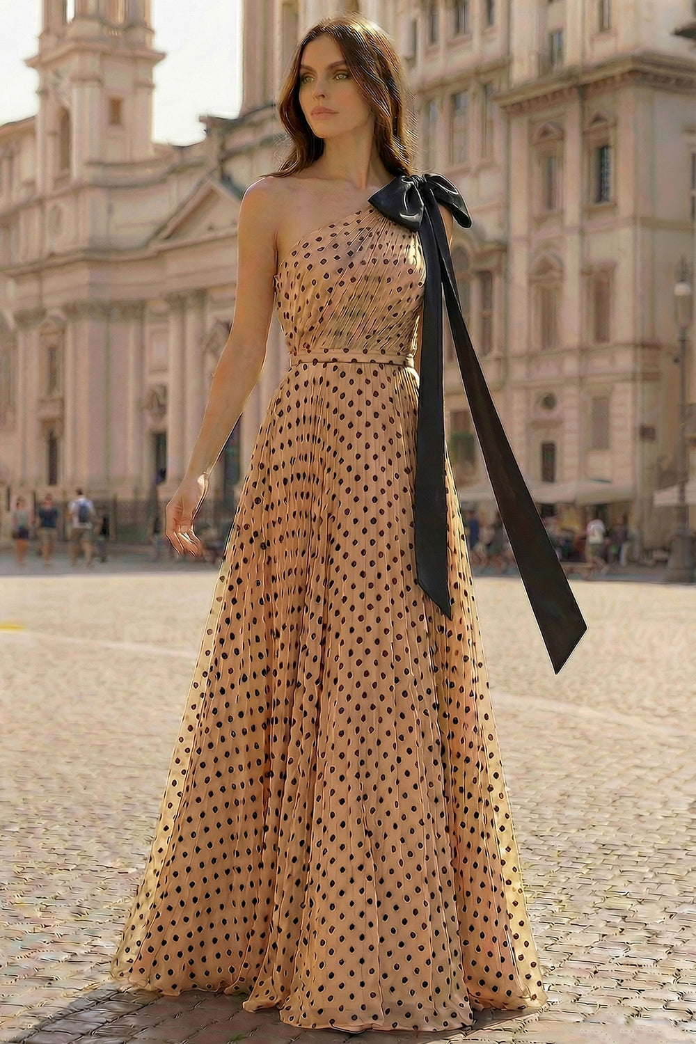Black and Apricot Polka Dots One Shoulder A Line Long Prom Dress with Bow