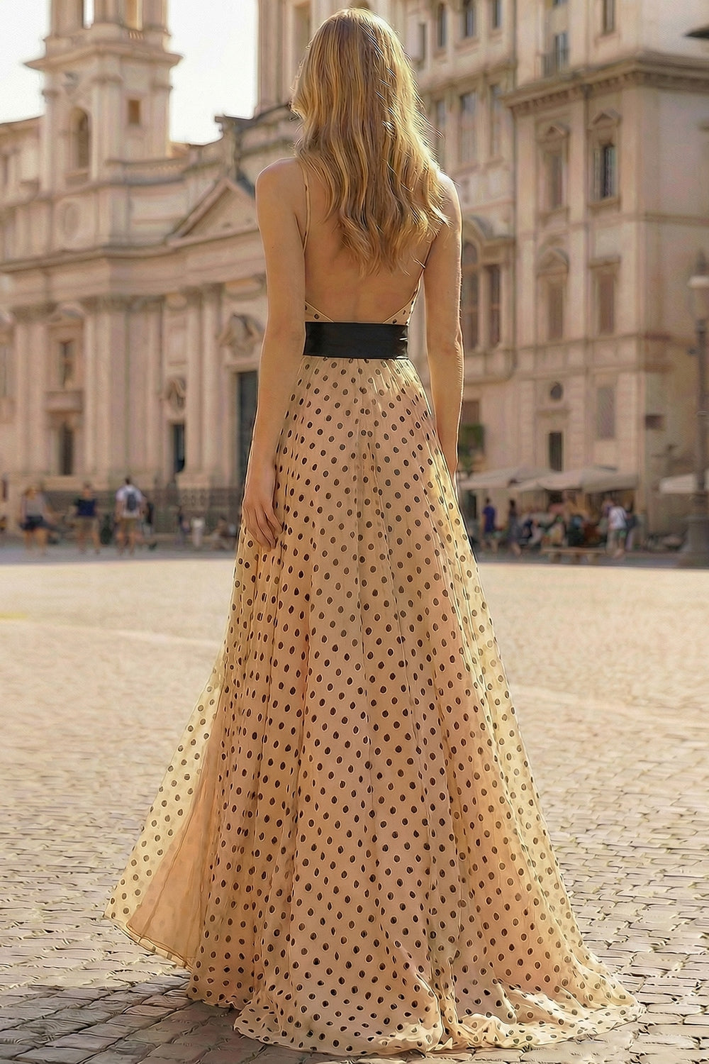 Black and Apricot Polka Dots A Line Halter Neck Long Prom Dress with Slit