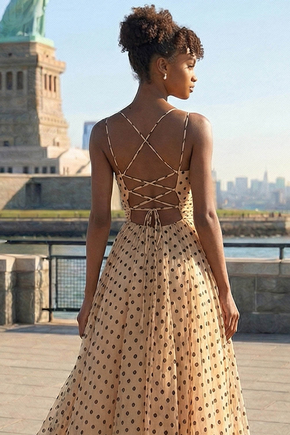 Black and Apricot Polka Dots A Line Spaghetti Straps Long Prom Dress with Slit