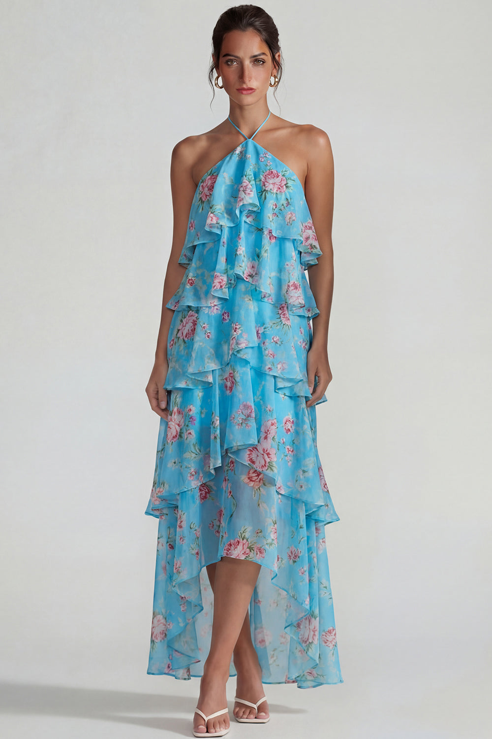 Blue Pink Tiered Flower Halter A Line Long Wedding Guest Dress with Ruffles