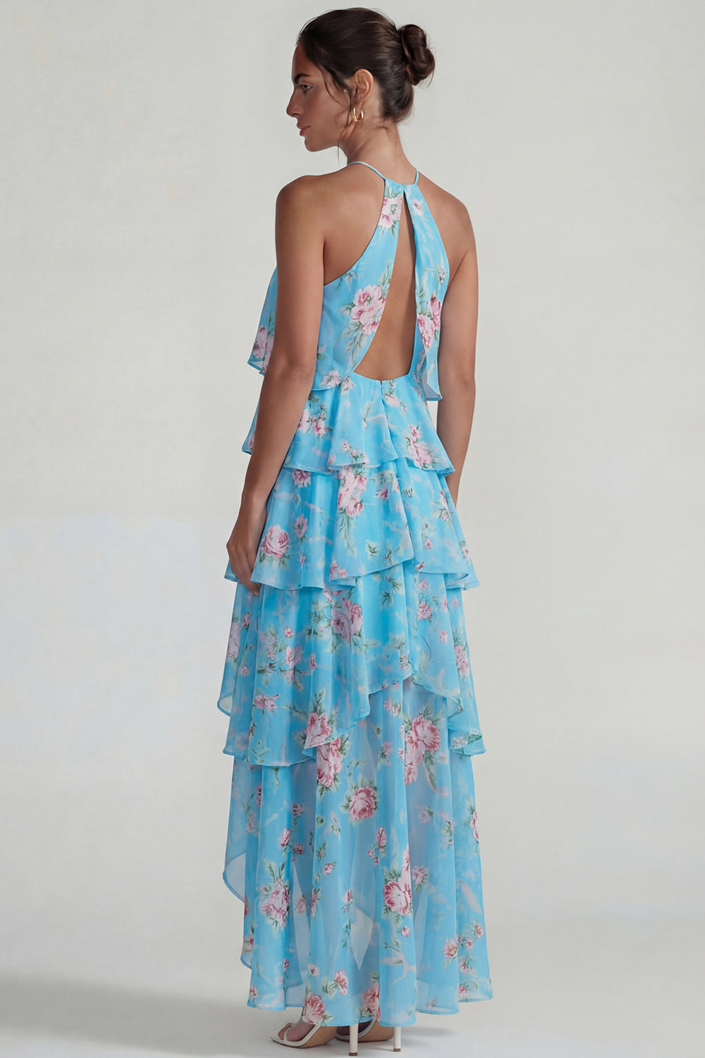 Blue Pink Tiered Flower Halter A Line Long Wedding Guest Dress with Ruffles