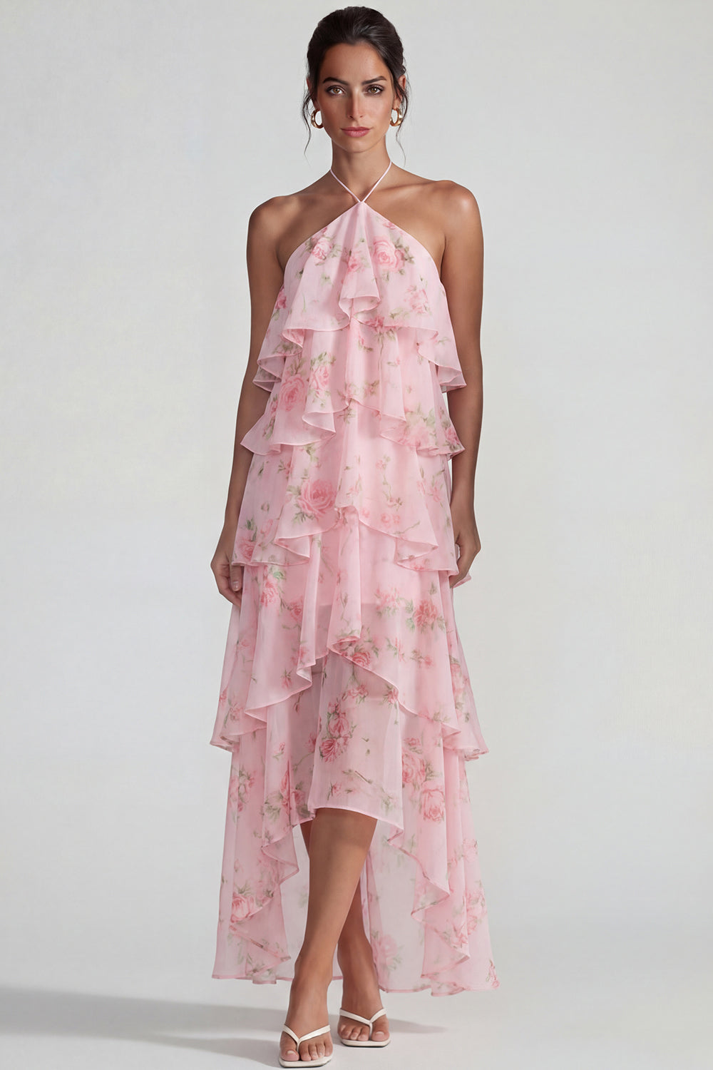 Blue Pink Tiered Flower Halter A Line Long Wedding Guest Dress with Ruffles