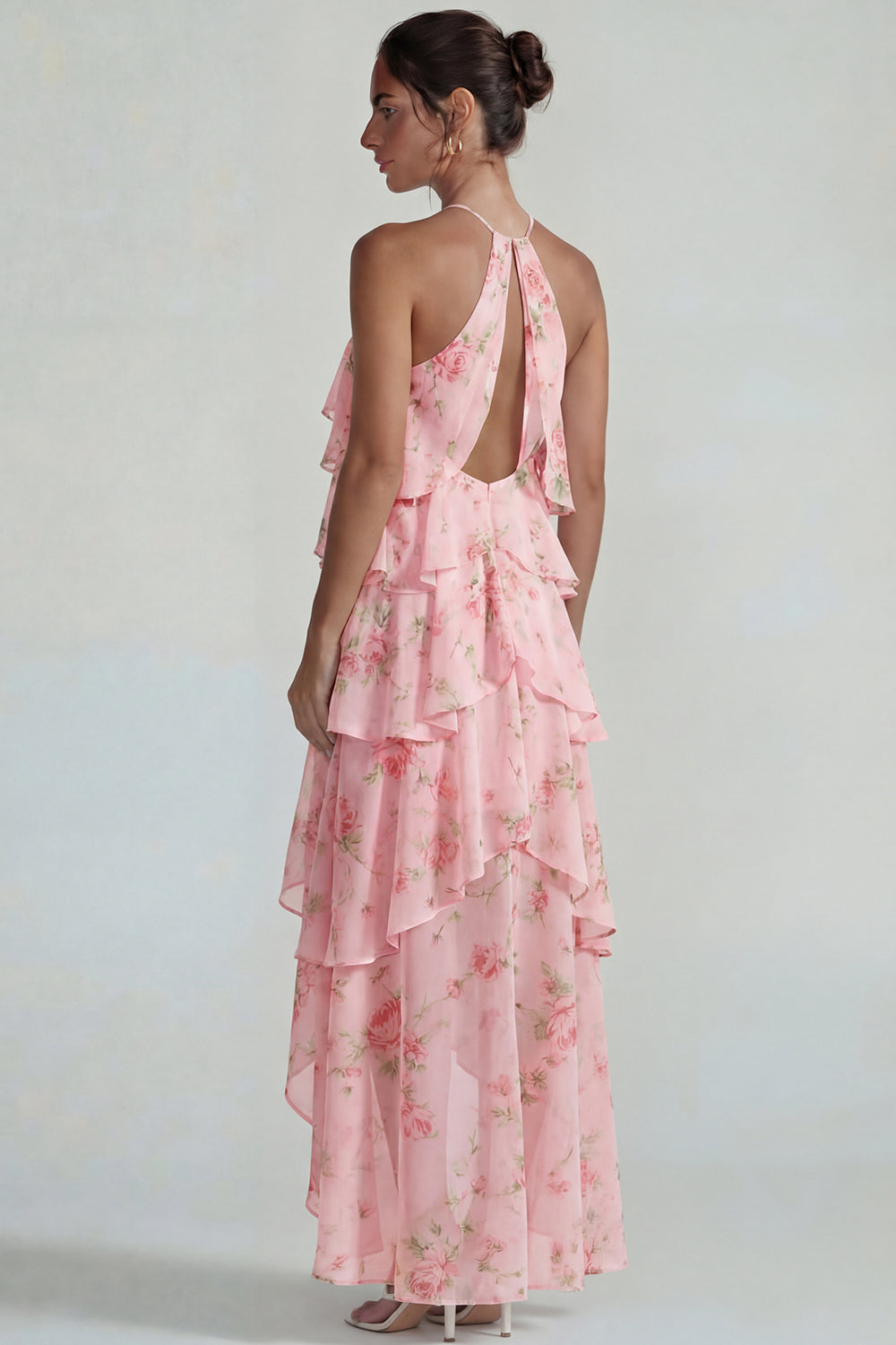 Blue Pink Tiered Flower Halter A Line Long Wedding Guest Dress with Ruffles