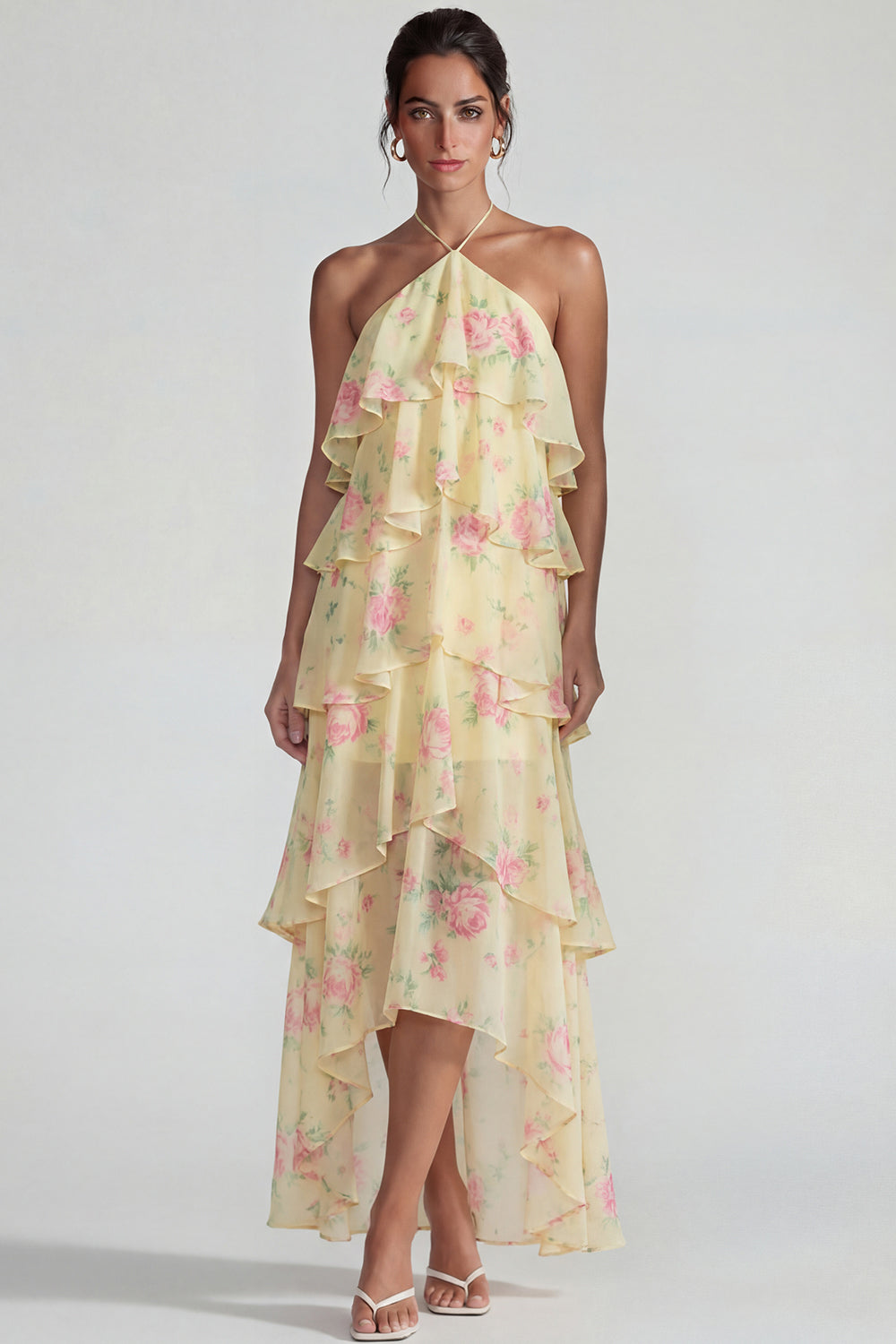 Blue Pink Tiered Flower Halter A Line Long Wedding Guest Dress with Ruffles