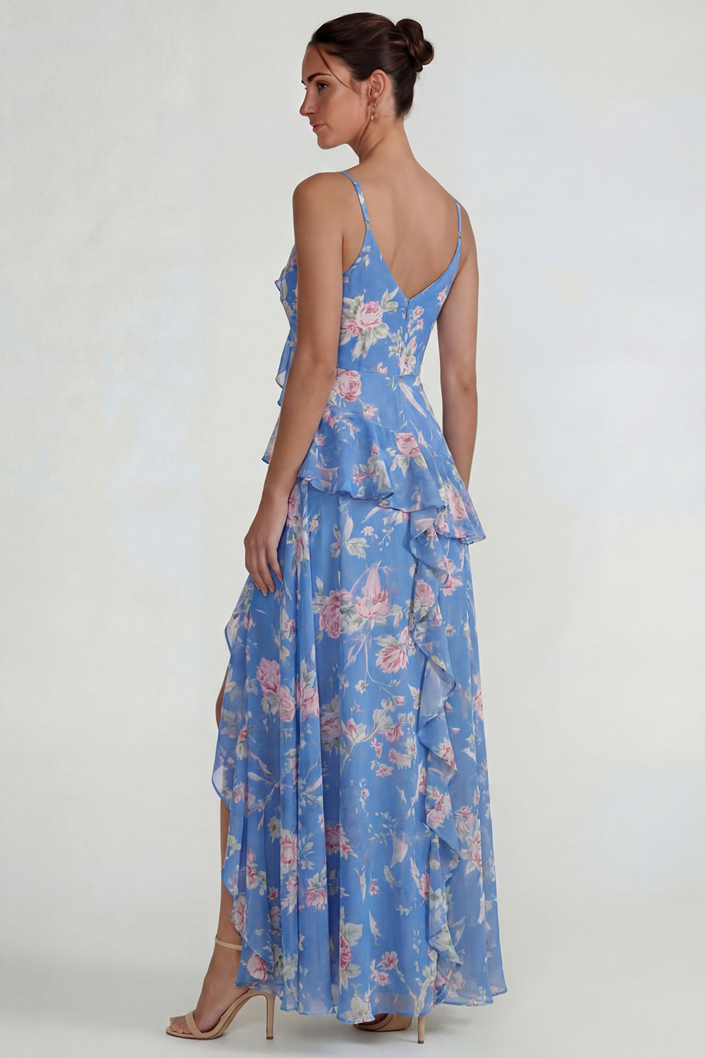 Blue Pink Flower Spaghetti Straps Ruffled Long A Line Wedding Guest Dress with Slit
