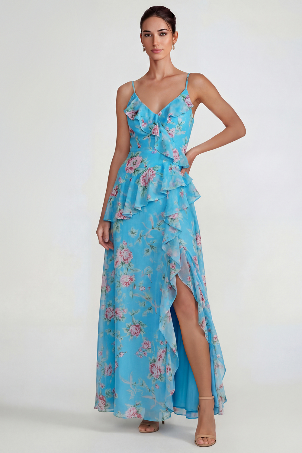 Blue Pink Flower Spaghetti Straps Ruffled Long A Line Wedding Guest Dress with Slit