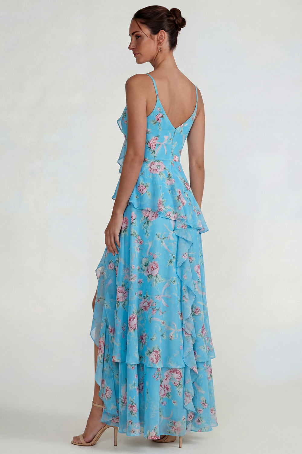 Blue Pink Flower Spaghetti Straps Ruffled Long A Line Wedding Guest Dress with Slit