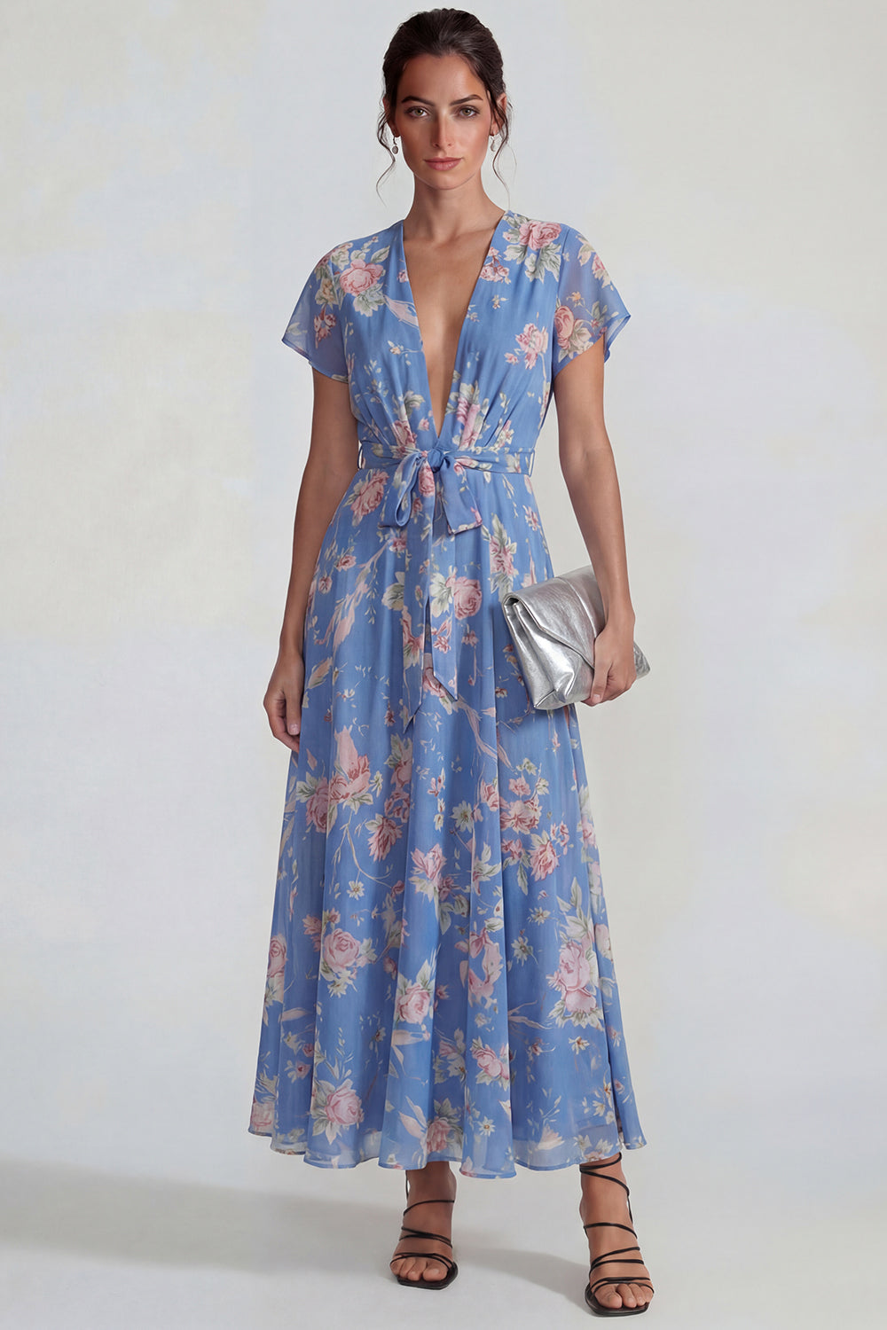 Blue Pink Flower A Line V Neck Long Wedding Guest Dress with Sash