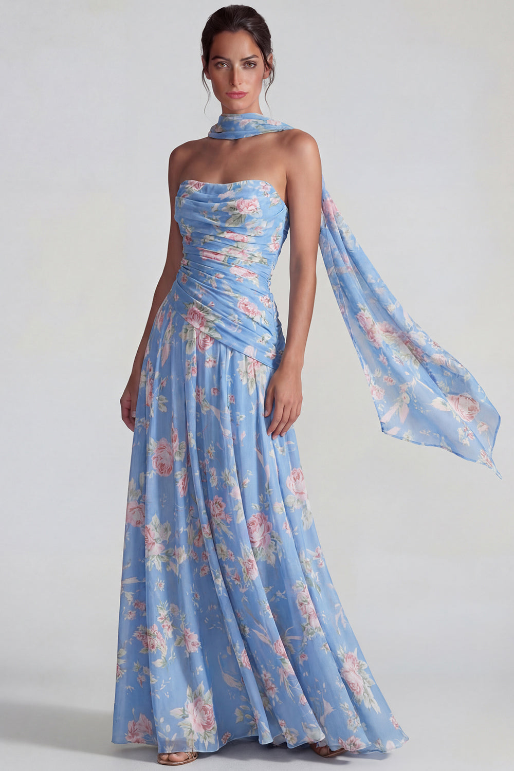 Flower Blue Pink A Line Neck Scarf Long Wedding Guest Dress