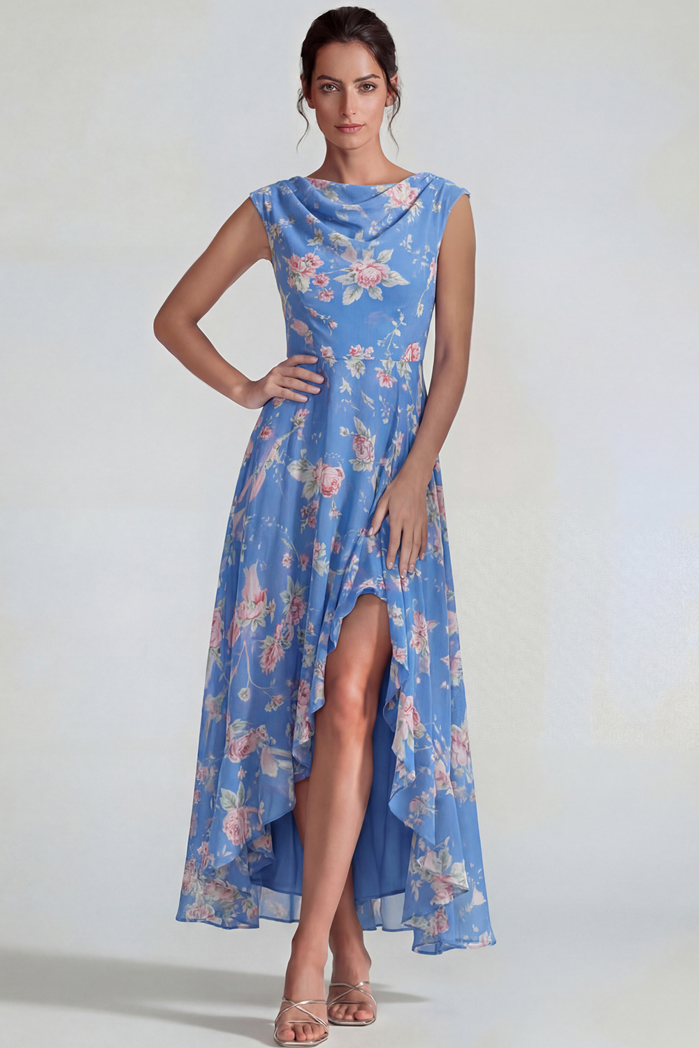 Blue Pink Bateau Neck Flower A Line Long Wedding Guest Dress with Slit