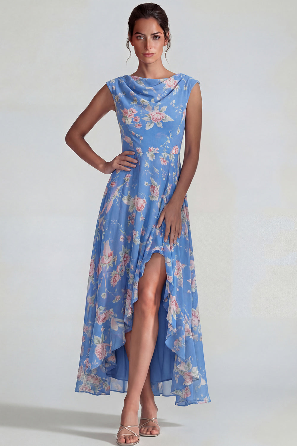 Blue Pink Bateau Neck Flower A Line Long Wedding Guest Dress with Slit