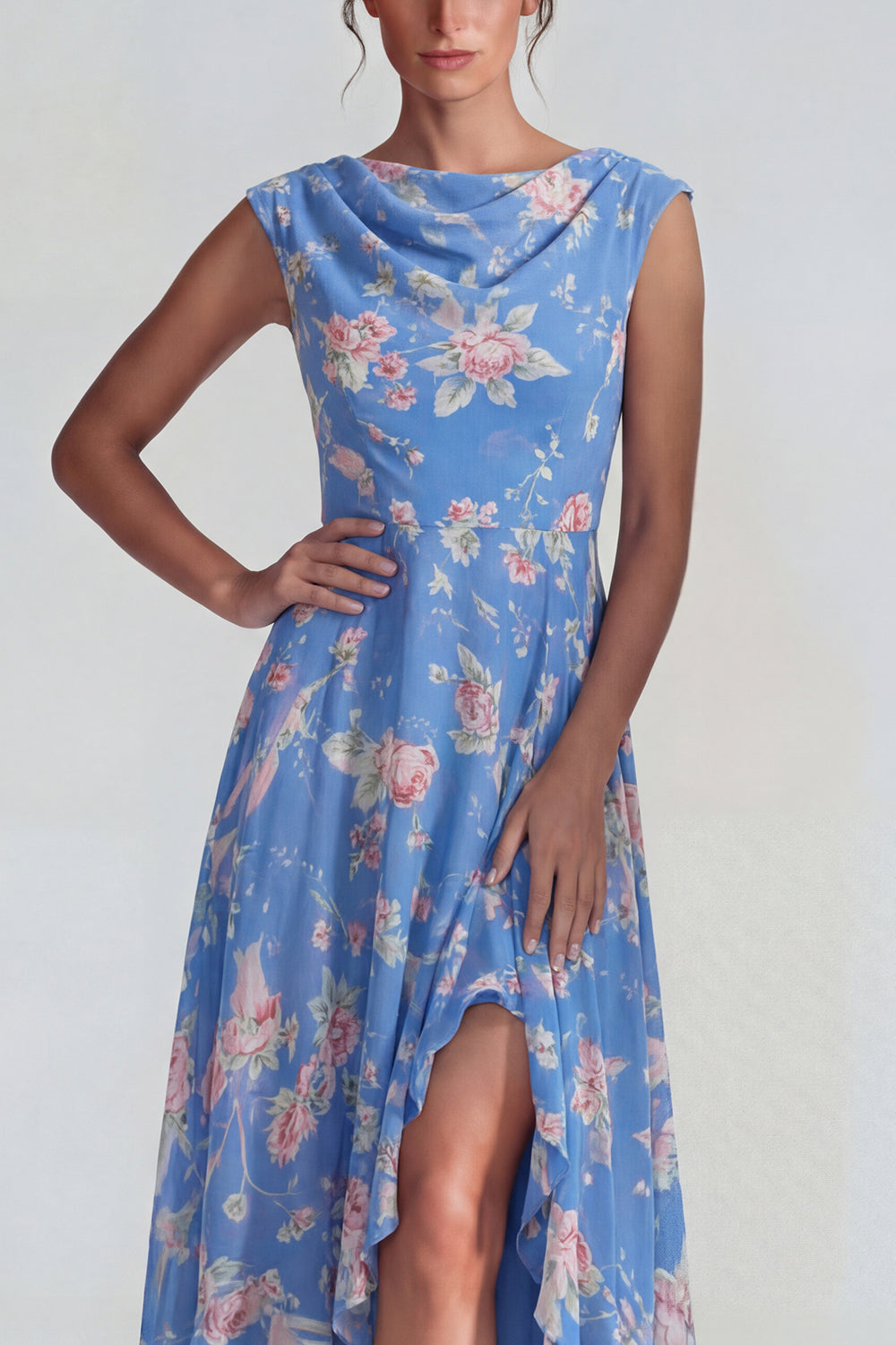Blue Pink Bateau Neck Flower A Line Long Wedding Guest Dress with Slit