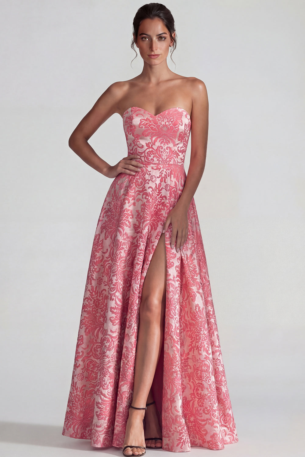 Blush Jacquard Sweetheart Floral A Line Long Wedding Guest Dress with Slit