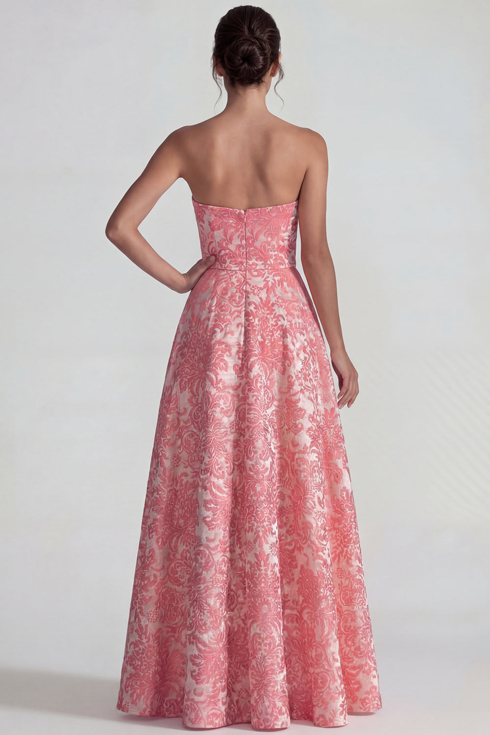 Blush Jacquard Sweetheart Floral A Line Long Wedding Guest Dress with Slit