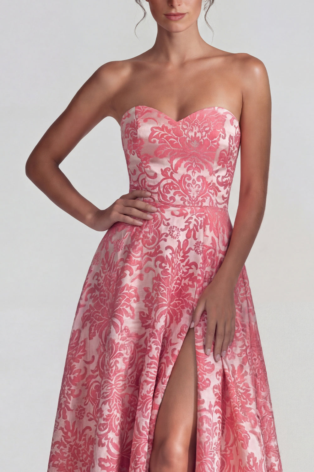 Blush Jacquard Sweetheart Floral A Line Long Wedding Guest Dress with Slit