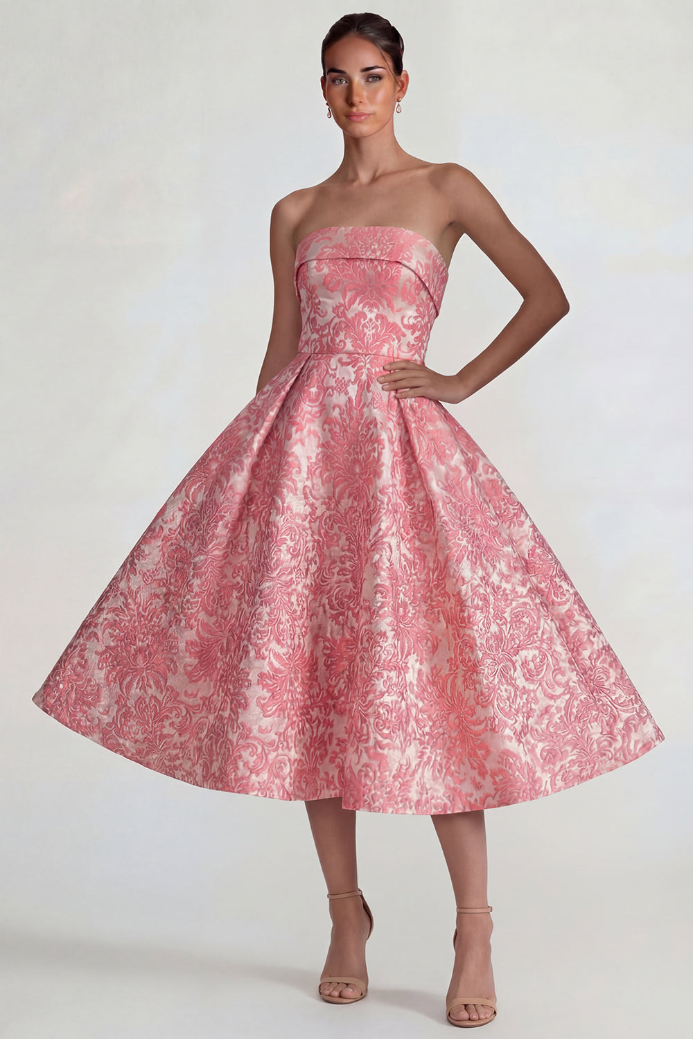 A Line Blush Floral Long Jacquard Wedding Guest Dress