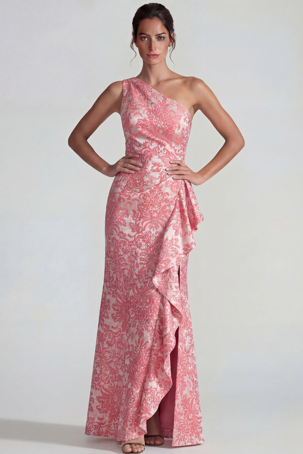 Blush Jacquard One Shoulder Mermaid Floral Long Wedding Guest Dress with Slit