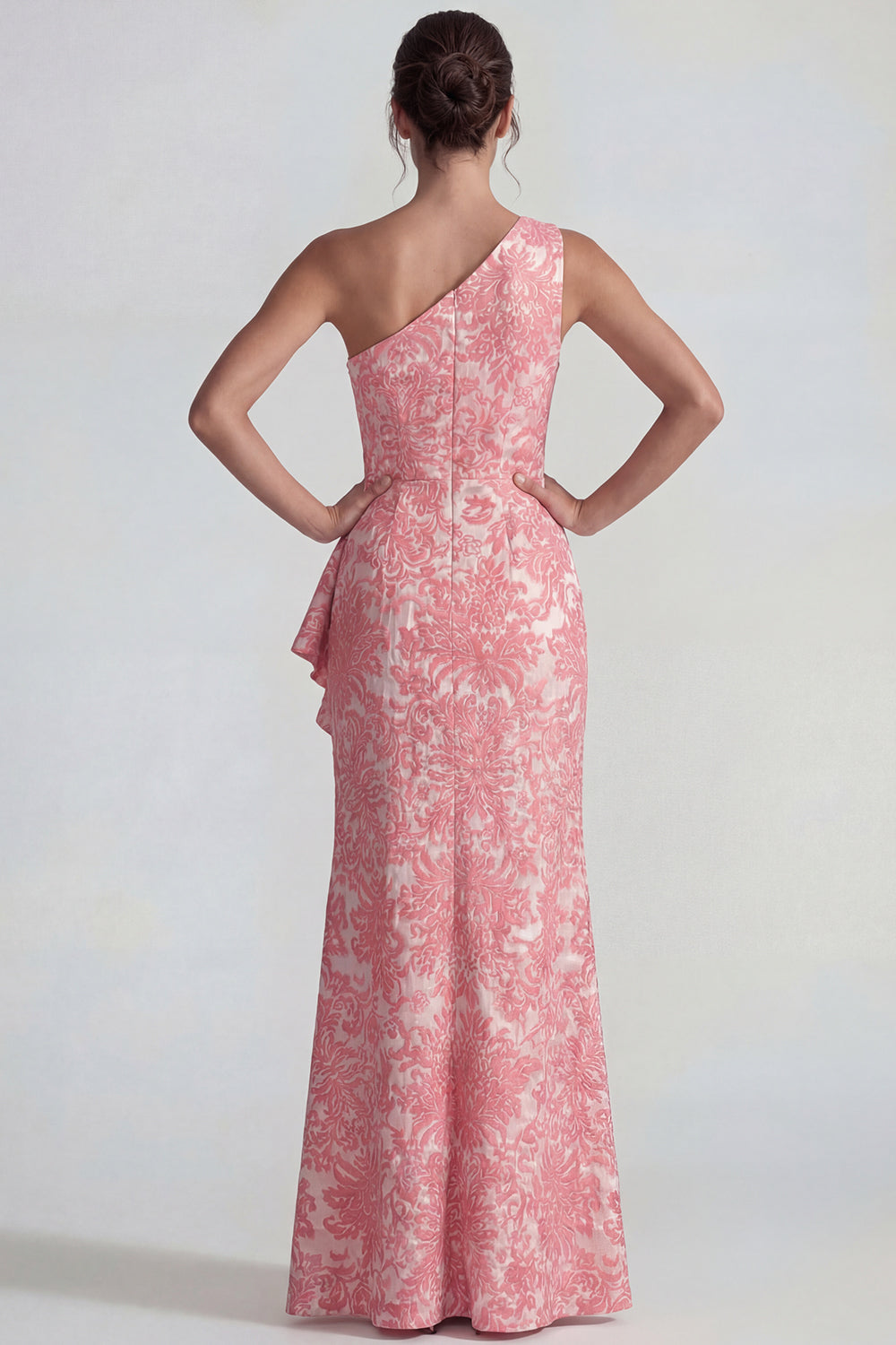 Blush Jacquard One Shoulder Mermaid Floral Long Wedding Guest Dress with Slit