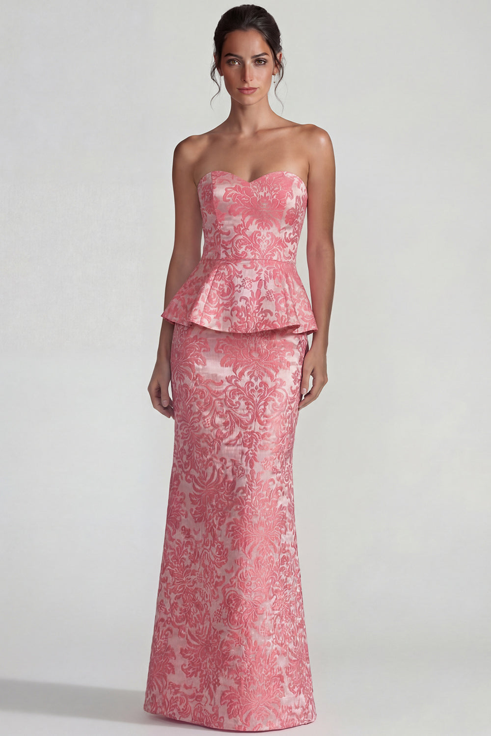 Blush Jacquard Sweetheart Mermaid Floral Long Wedding Guest Dress