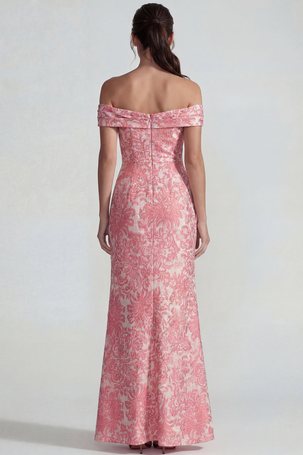 Blush Mermaid Off the Shoulder Jacquard Long Wedding Guest Dress