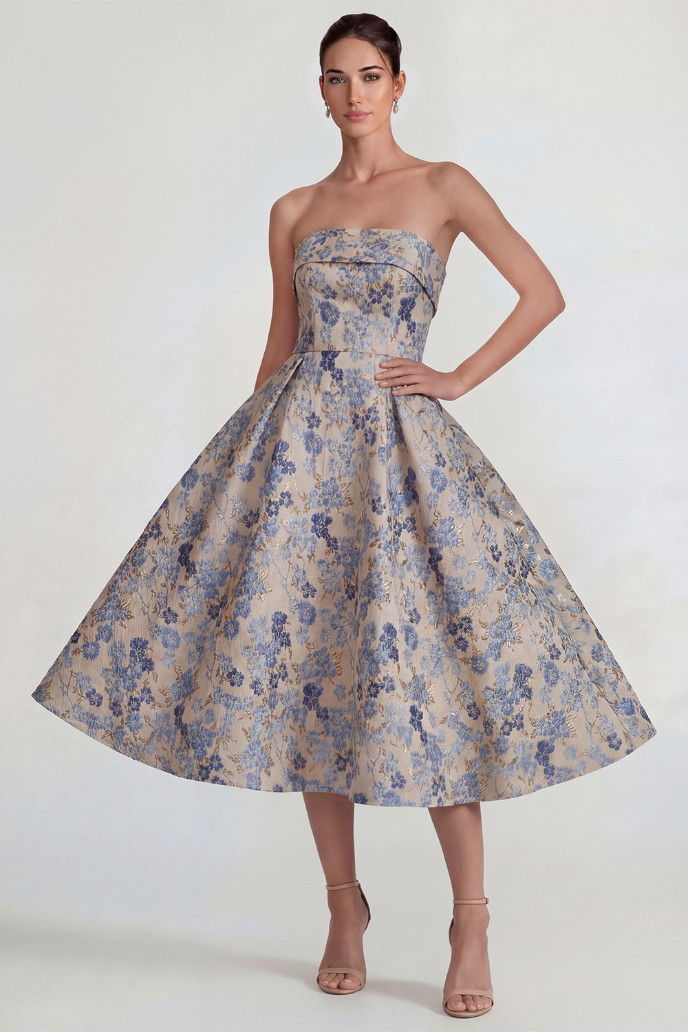 Grey Blue Jacquard A Line Floral Strapless Long Wedding Guest Dress