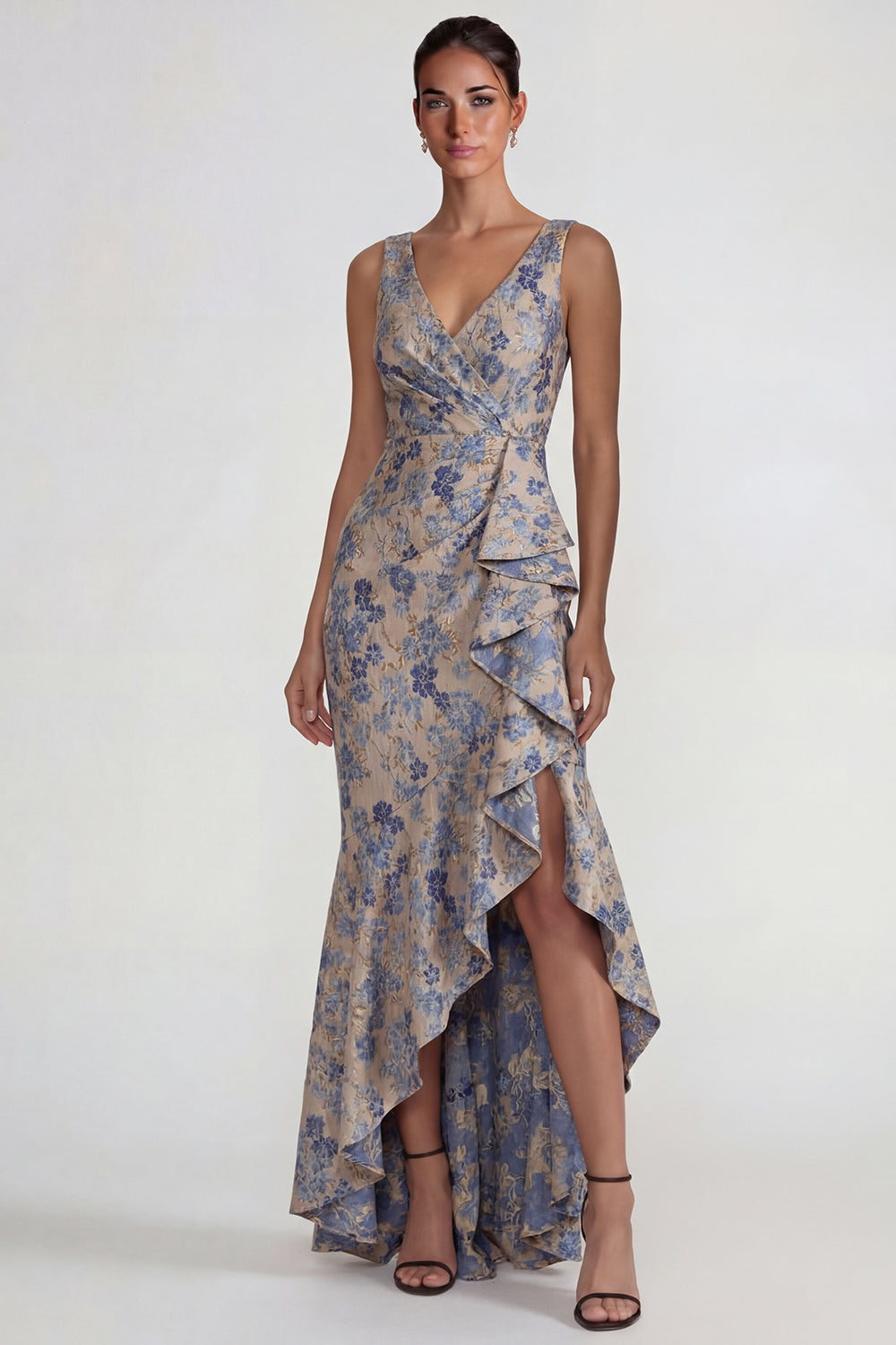 Grey Blue Ruffled Jacquard V Neck Floral Long Mermaid Wedding Guest Dress with Slit