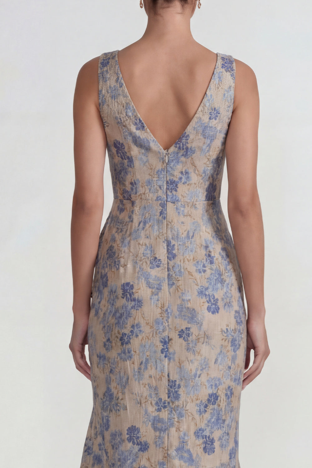 Grey Blue Ruffled Jacquard V Neck Floral Long Mermaid Wedding Guest Dress with Slit