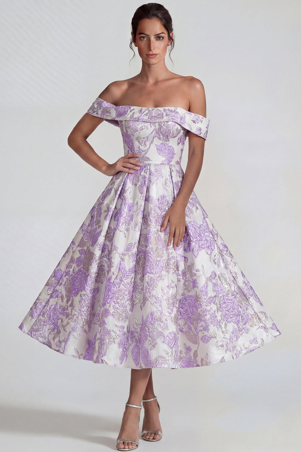 Lilac A Line Off the Shoulder Jacquard Floral Long Wedding Guest Dress