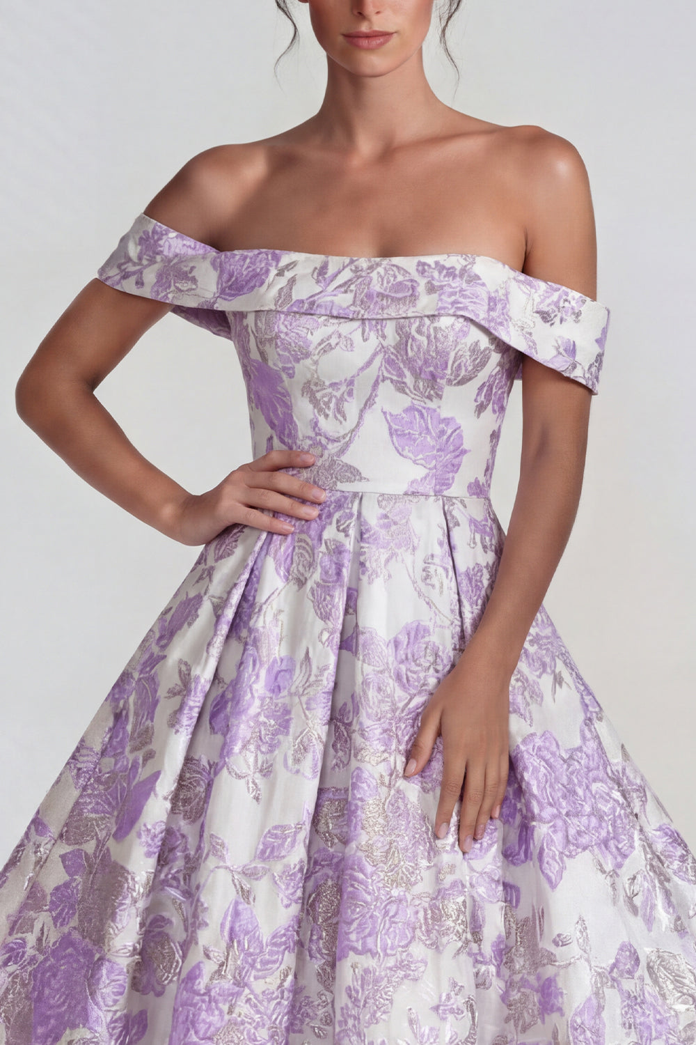 Lilac A Line Off the Shoulder Jacquard Floral Long Wedding Guest Dress