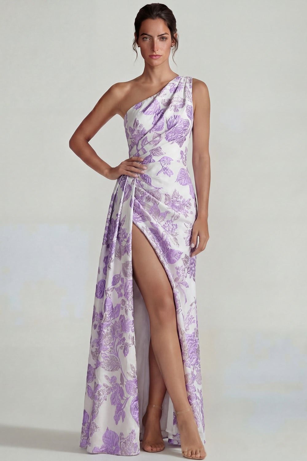 Lilac Sheath Jacquard Floral Long One Shoulder Wedding Guest Dress with Slit