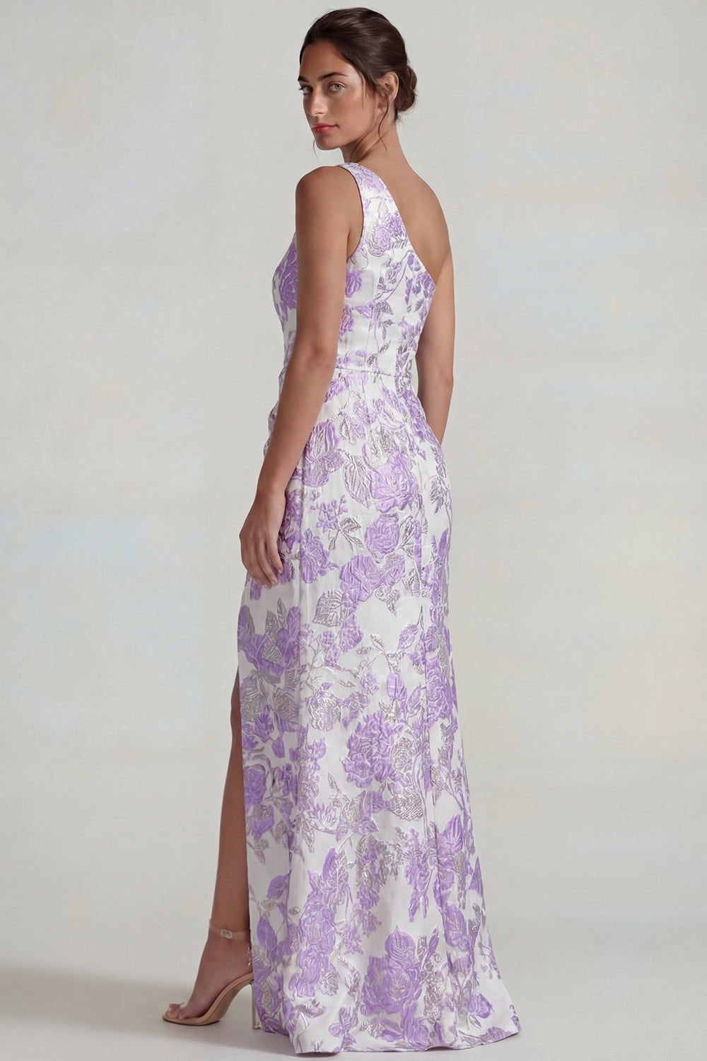 Lilac Sheath Jacquard Floral Long One Shoulder Wedding Guest Dress with Slit