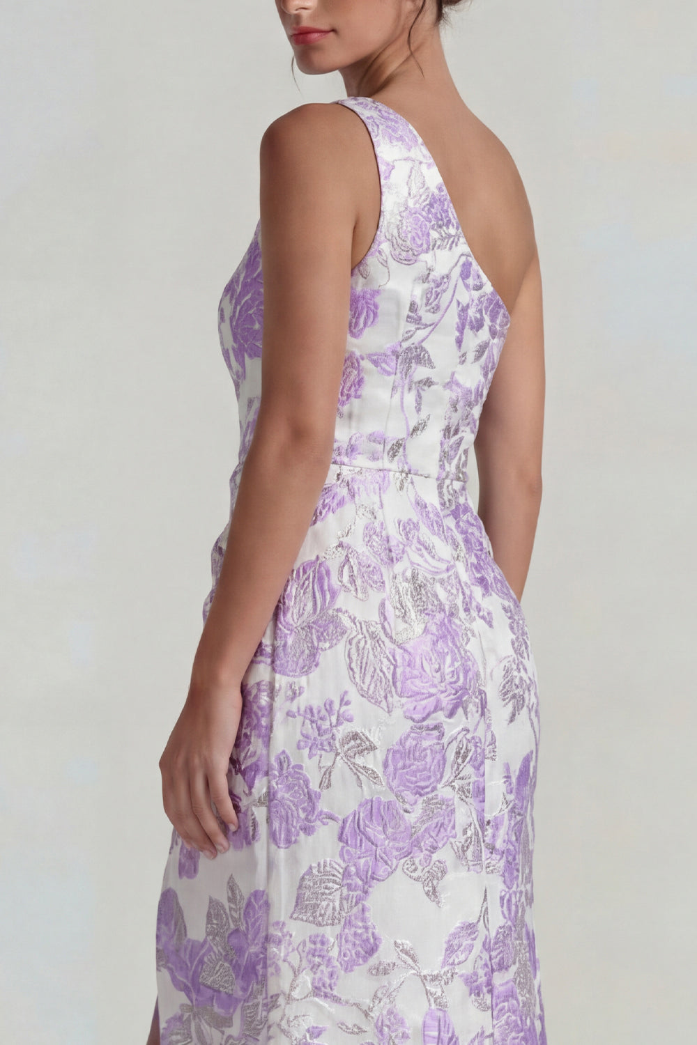 Lilac Sheath Jacquard Floral Long One Shoulder Wedding Guest Dress with Slit