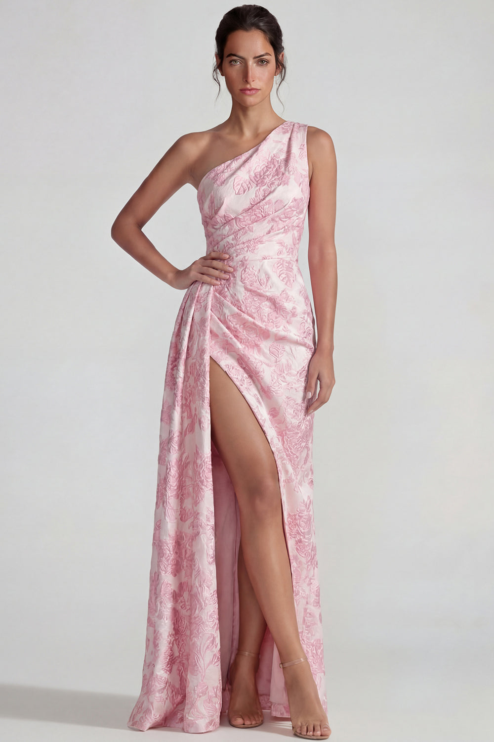 Lilac Sheath Jacquard Floral Long One Shoulder Wedding Guest Dress with Slit