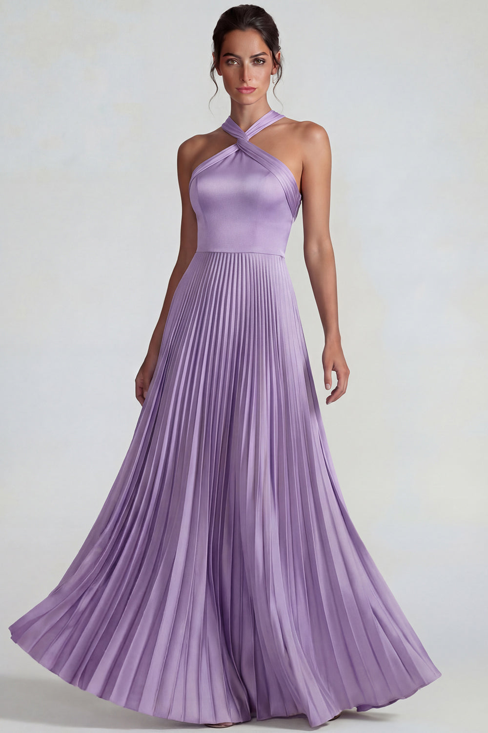 Lilac Halter Pleated A Line Satin Long Wedding Guest Dress