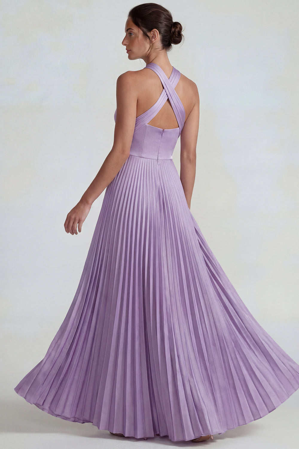 Lilac Halter Pleated A Line Satin Long Wedding Guest Dress