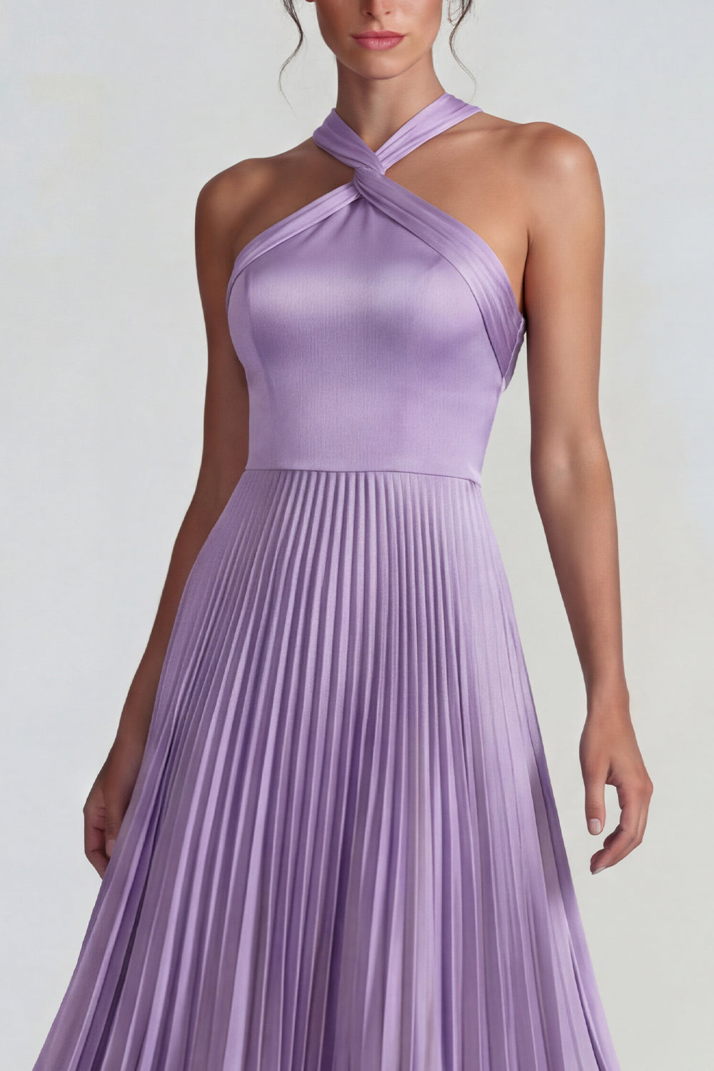 Lilac Halter Pleated A Line Satin Long Wedding Guest Dress