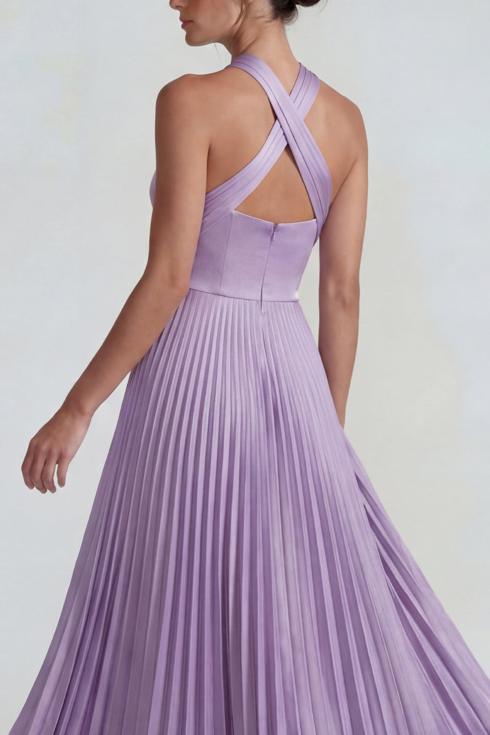 Lilac Halter Pleated A Line Satin Long Wedding Guest Dress