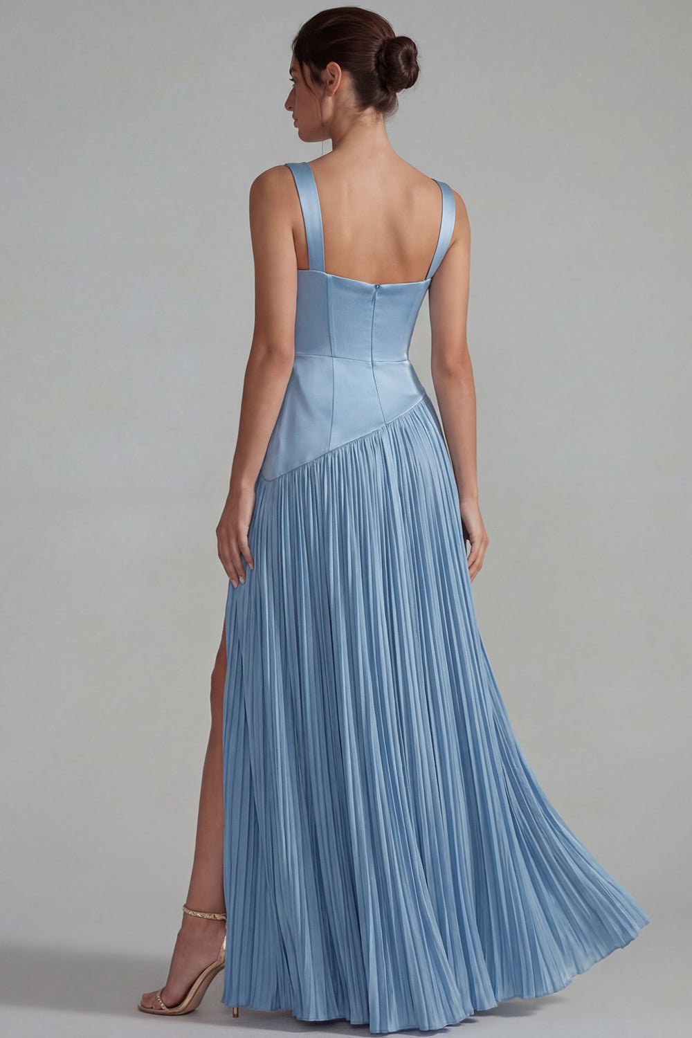 Blue Satin Pleated Basque Waist Long Wedding Guest Dress with Slit