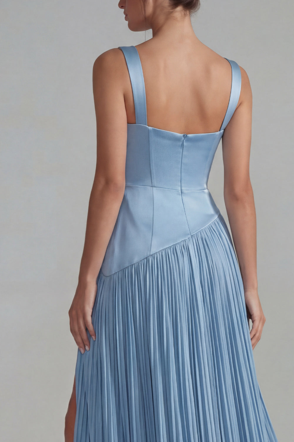 Blue Satin Pleated Basque Waist Long Wedding Guest Dress with Slit