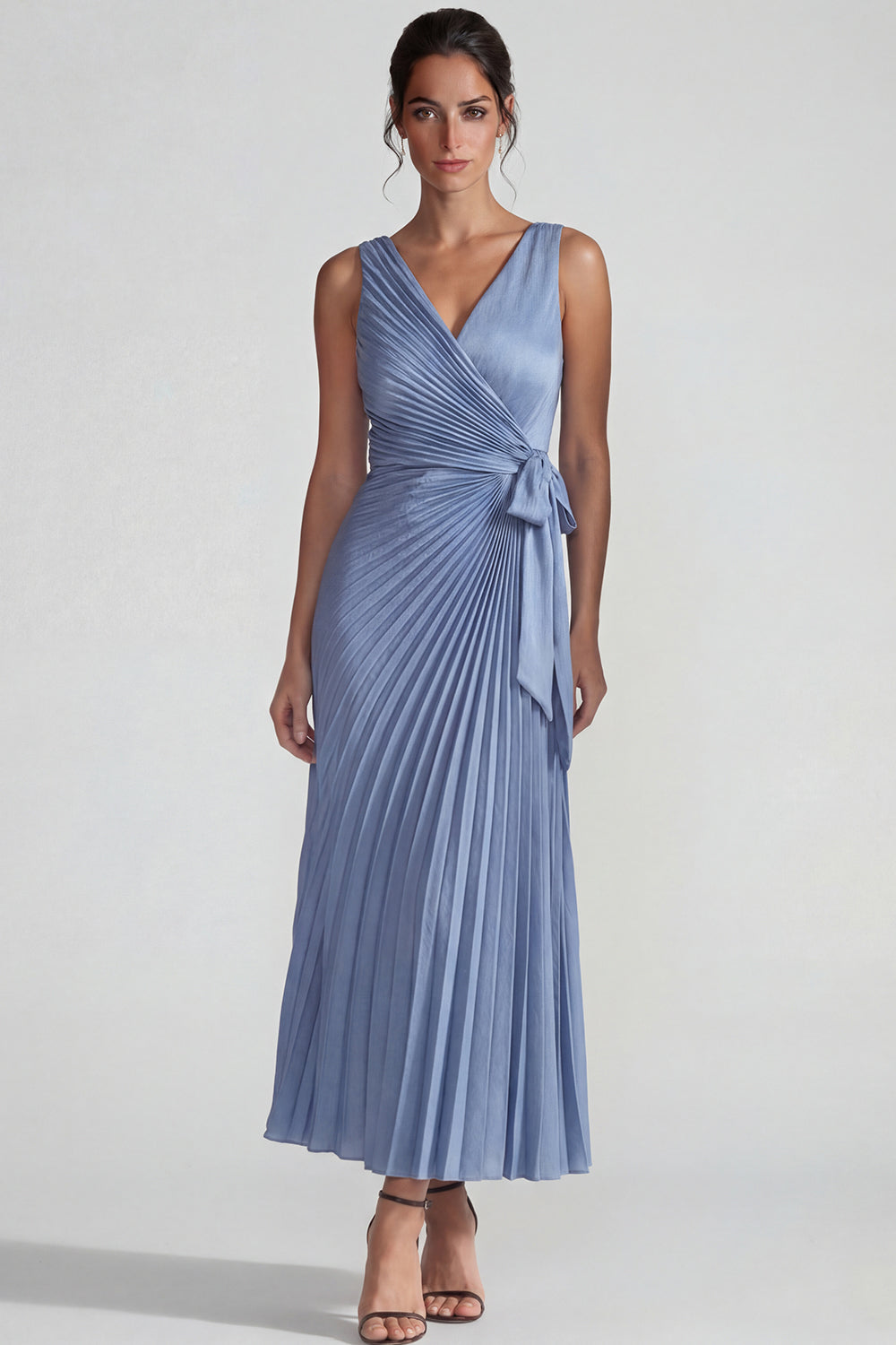 Grey Blue Pleated V Neck Satin Sheath Long Wedding Guest Dress