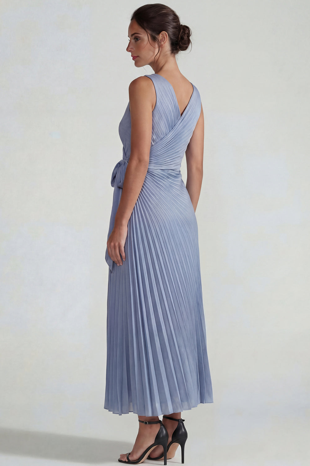 Grey Blue Pleated V Neck Satin Sheath Long Wedding Guest Dress