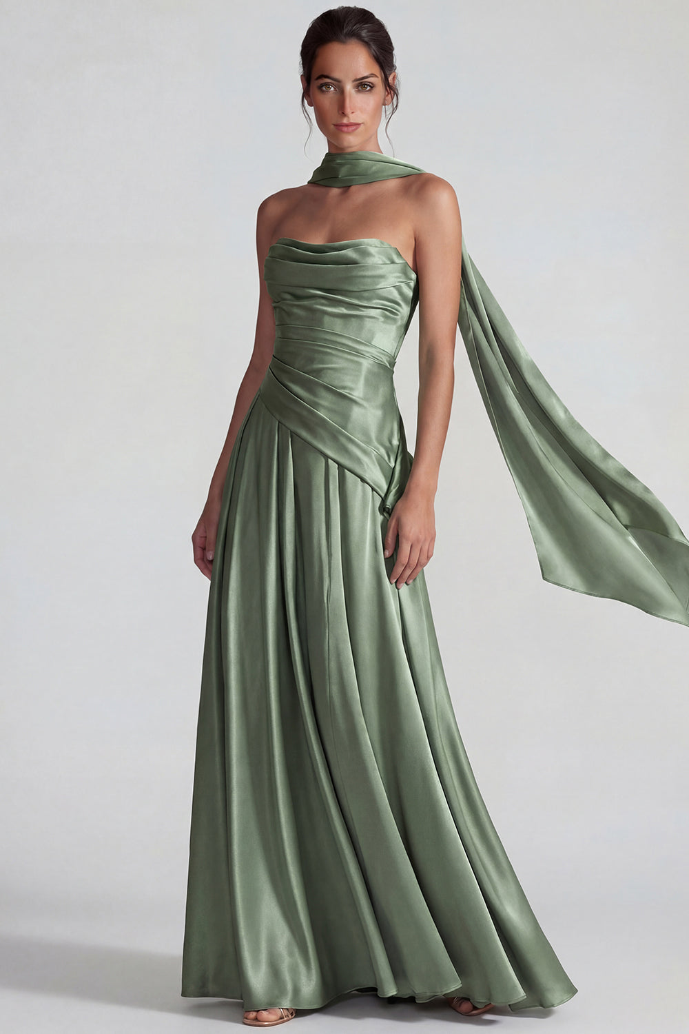 Dusty Sage Neck Scarf A Line Satin Long Wedding Guest Dress