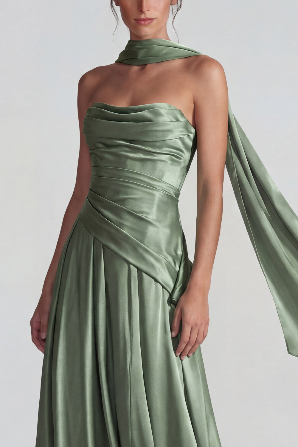 Dusty Sage Neck Scarf A Line Satin Long Wedding Guest Dress