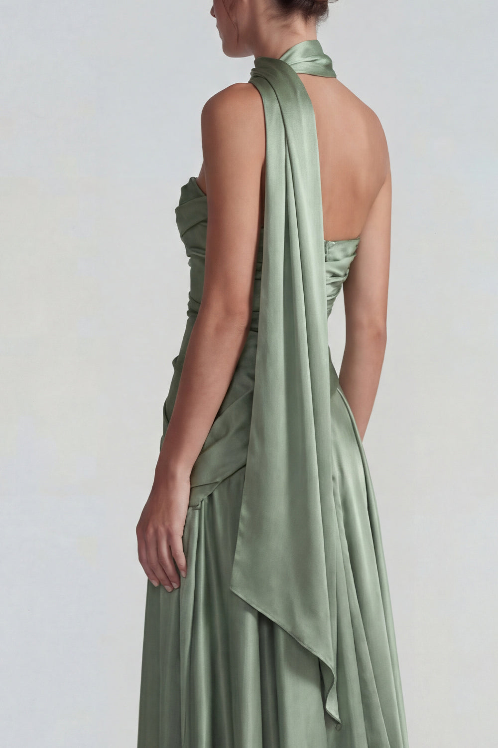 Dusty Sage Neck Scarf A Line Satin Long Wedding Guest Dress